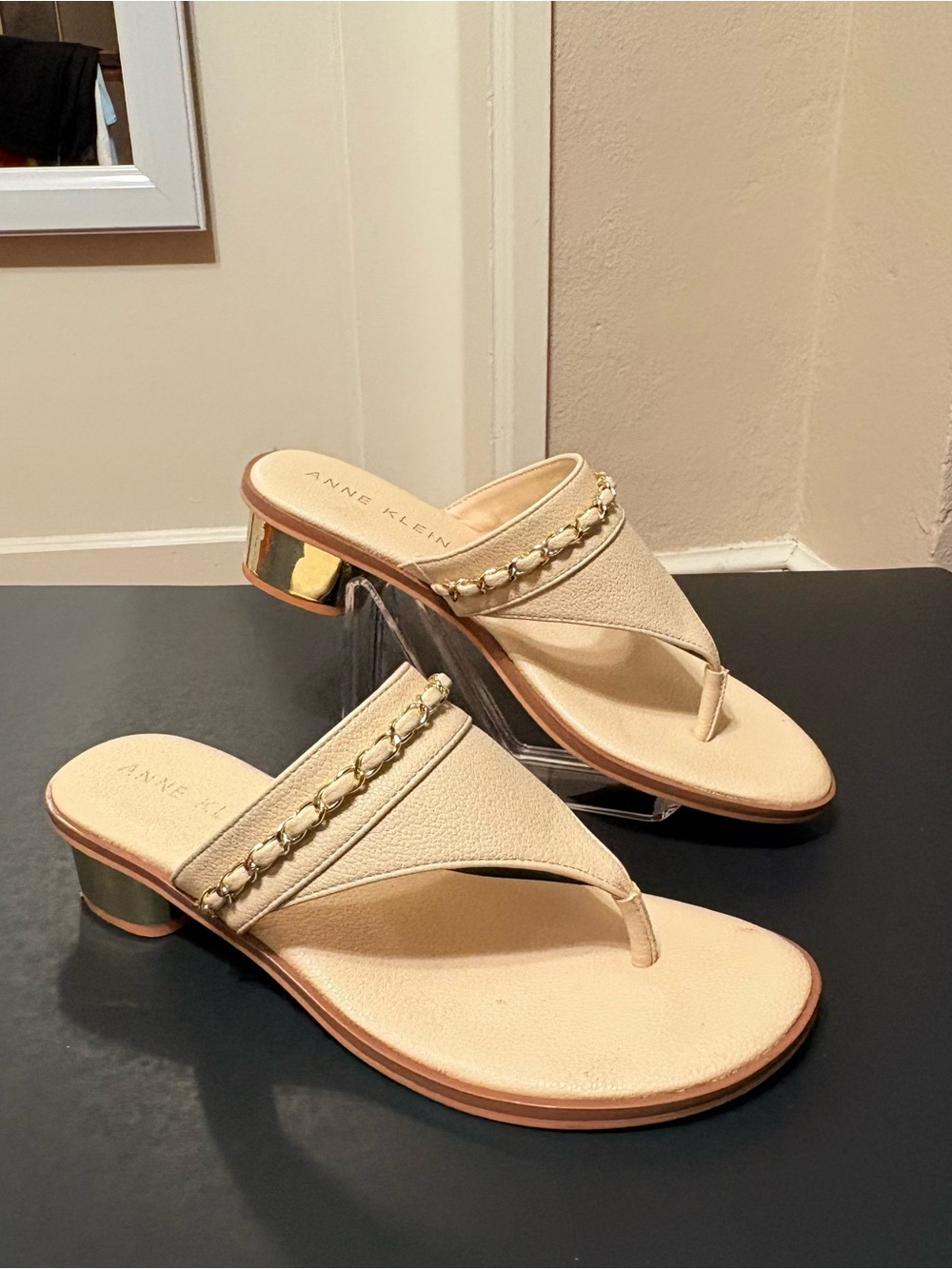Anne Klein Cream Thong Mules with Gold Accent Heel Sz 9.5 M
